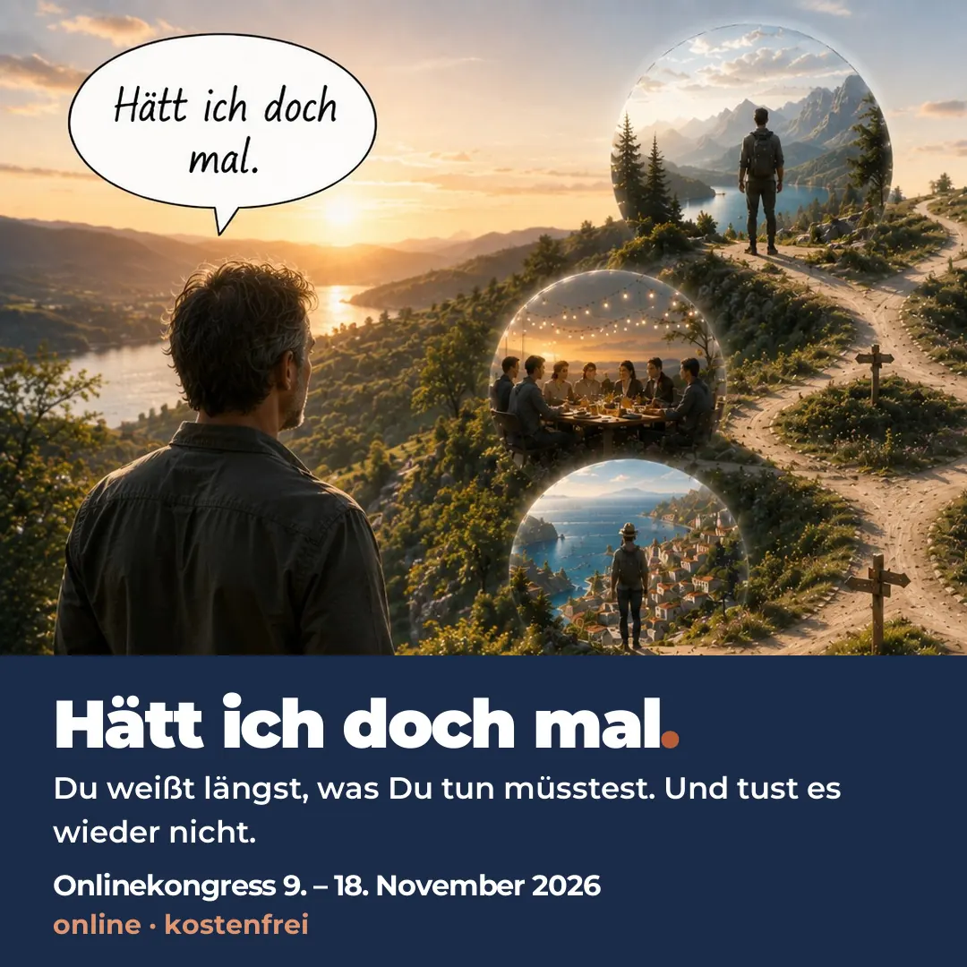 Kongress-Motiv „Hätt ich doch mal.“: ein Mann blickt auf zwei Wege