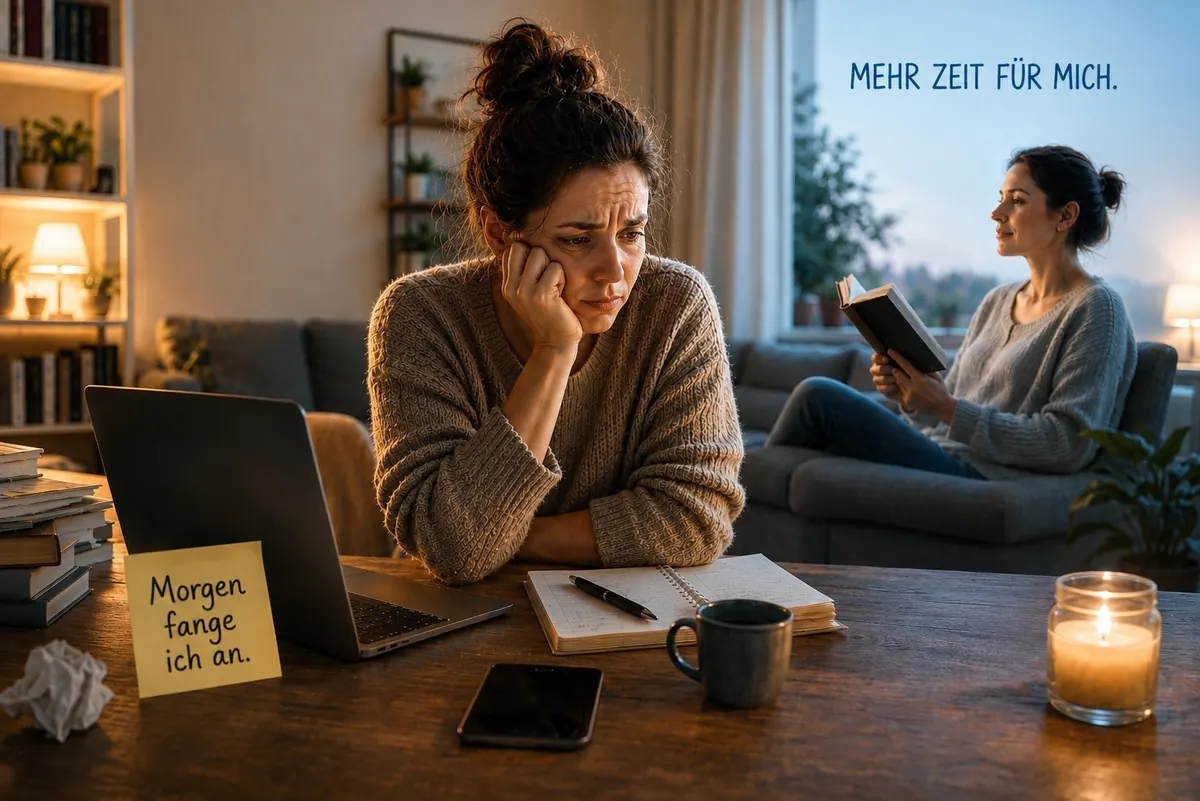 Links eine Frau am Schreibtisch mit Zettel „Morgen fange ich an“, rechts dieselbe Frau entspannt lesend: „Mehr Zeit für mich“